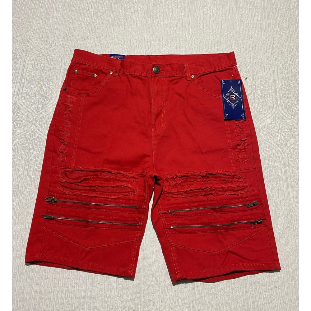 LR Scoop Red Distressed Denim Shorts Size 38 Zippers Accents Jorts‎